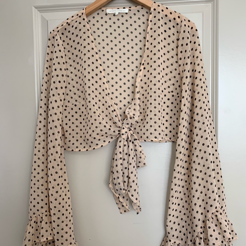 Cropped Long Sleeve Tie Front Top